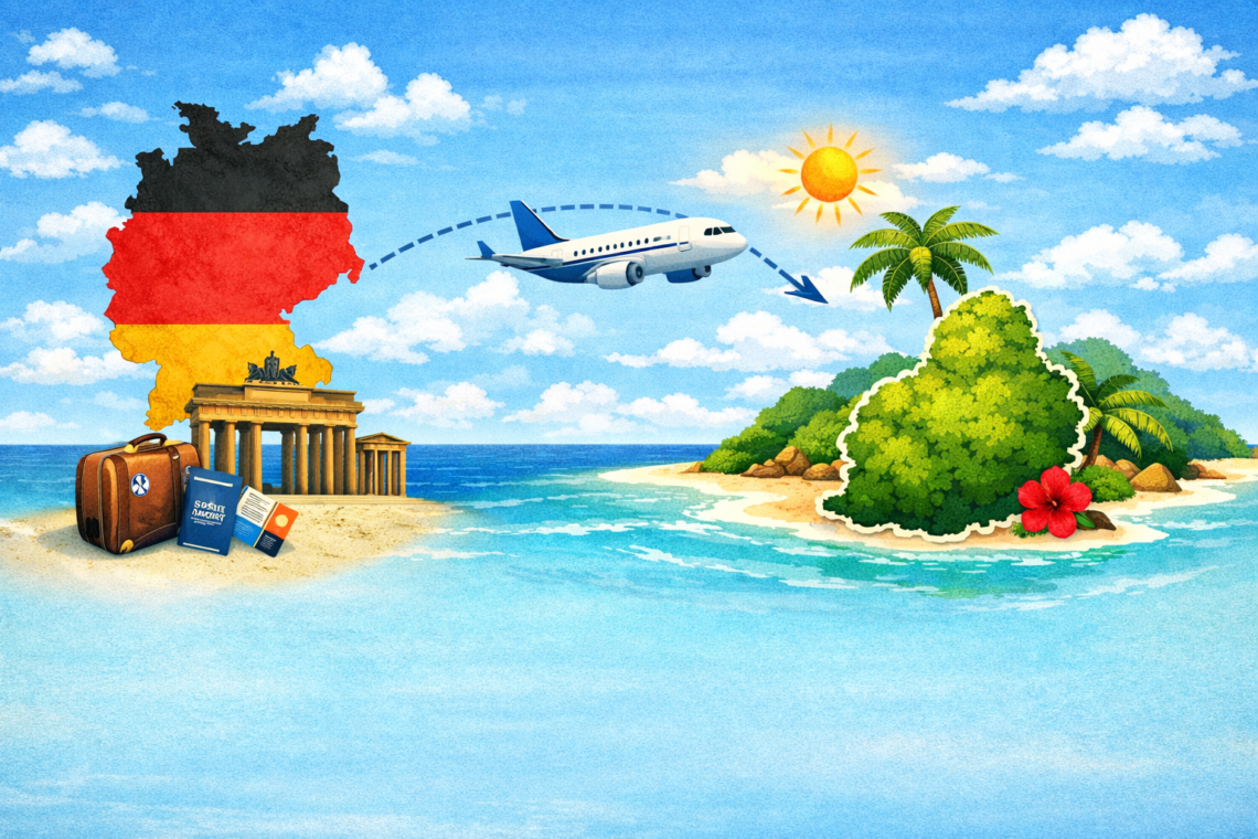 KI-generiertes Bild mit Deutschlandkarte links in den Farben der deutschen Flag einem Flugzeug und auf der rechten Seite im Ozean eine Insel mit Mauritiuskarte im Vordergrund.